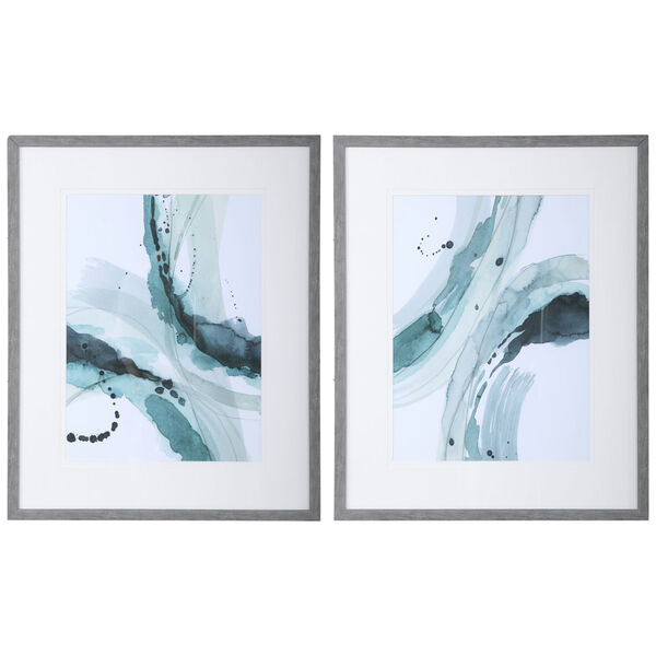 Depth Teal, Light Green and Aqua Abstract Watercolor Prints, Set of 2, image 1