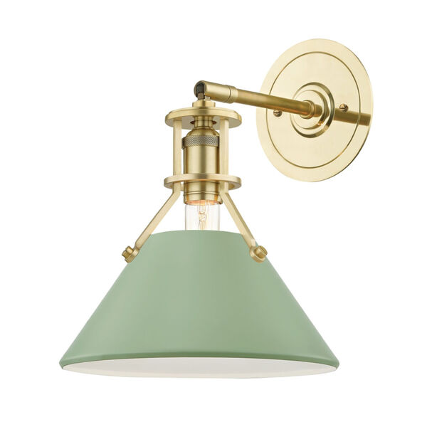 Painted No.2 Aged Brass One-Light Wall Sconce with Leaf Green Steel Shade, image 1