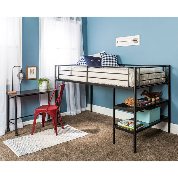 Black Twin Loft Bed with Desk and Shelves, image 1