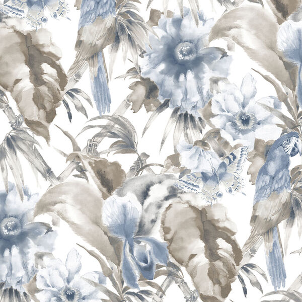 Palm Beach Parrot Blue and Grey Floral Wallpaper - SAMPLE SWATCH ONLY, image 1