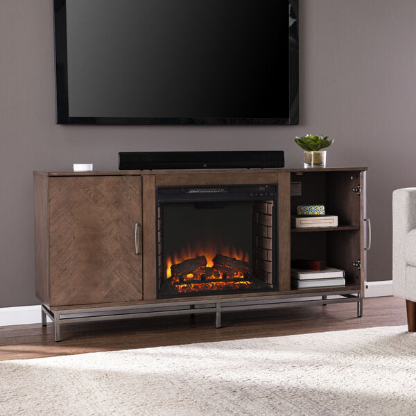 Dibbonly Brown and matte silver Electric Fireplace with Media Storage, image 1