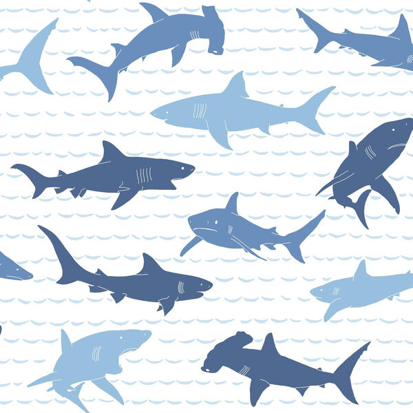 A Perfect World Blues Shark Charades Wallpaper - SAMPLE SWATCH ONLY, image 1