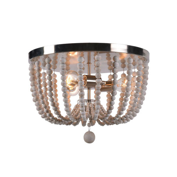 Grace Brushed Steel Three-Light  Flush Mount with Distressed White Wood Beads, image 1