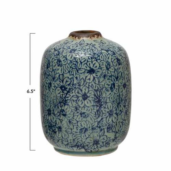 Distressed Blue Floral Pattern Terra-Cotta Vase, image 4