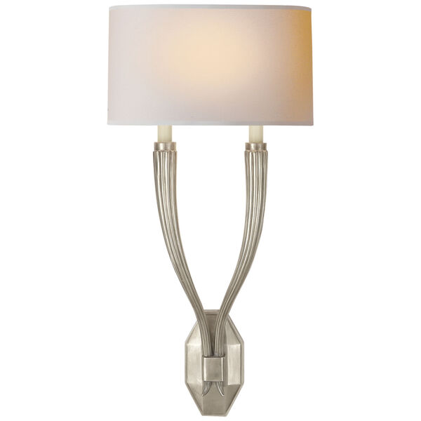 Ruhlmann Double Sconce in Antique Nickel with Natural Paper Shade by Chapman and Myers, image 1