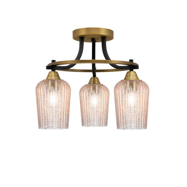 Paramount Matte Black and Brass Three-Light Semi-Flushe with Silver Textured Glass, image 1