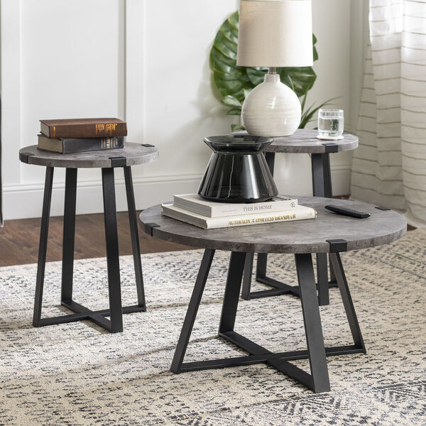 Dark Concrete Metal Wrap Coffee Table and Side Table Set, 3-Piece, image 4