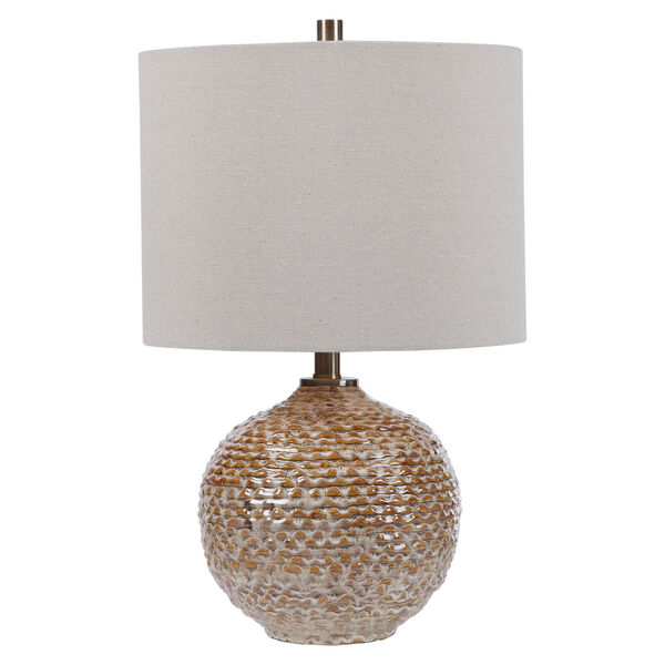 Lagos Brown and Light Brushed Brass One-Light Table Lamp with Round Drum Hardback Shade, image 7