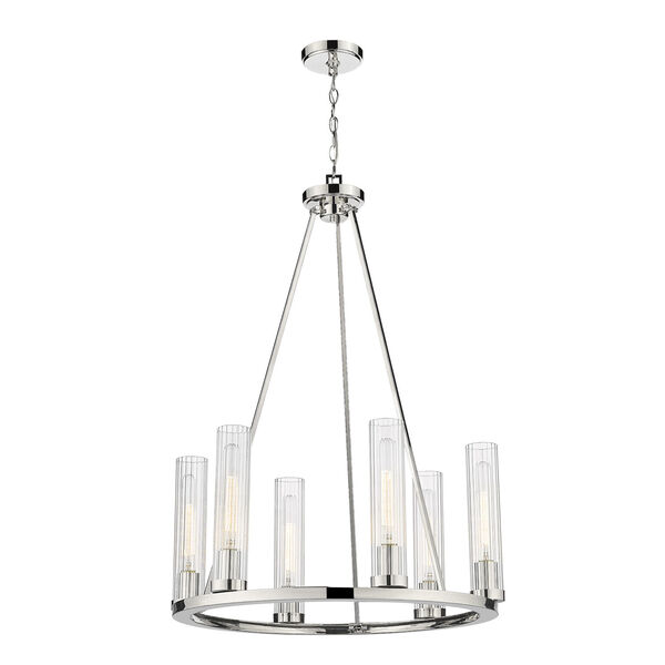 Beau Polished Nickel Six-Light Chandelier with Clear Glass Shade, image 1