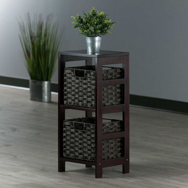 Leo Espresso Storage Shelf with Two Foldable Woven Baskets, 3-Piece, image 3