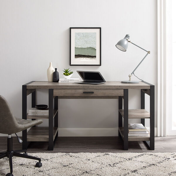 Gray and Black Computer Desk with Side Shelves, image 3