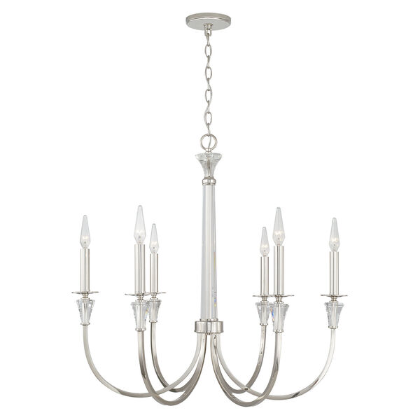 Laurent Polished Nickel Six-Light Chandelier with Crystal Column and Bobeches, image 1