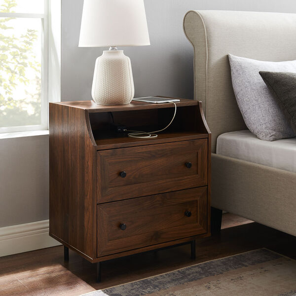 Dark walnut Curved Open Top Two Drawer Nightstand with USB, image 1