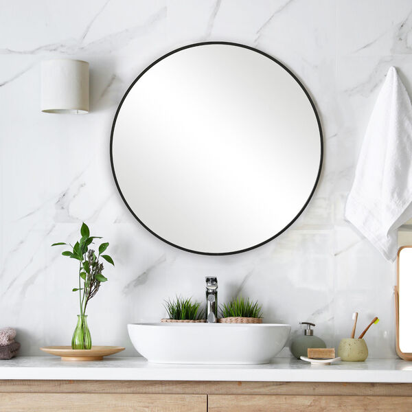 Linden Black Satin 24-inch Round Wall Mirror, image 1