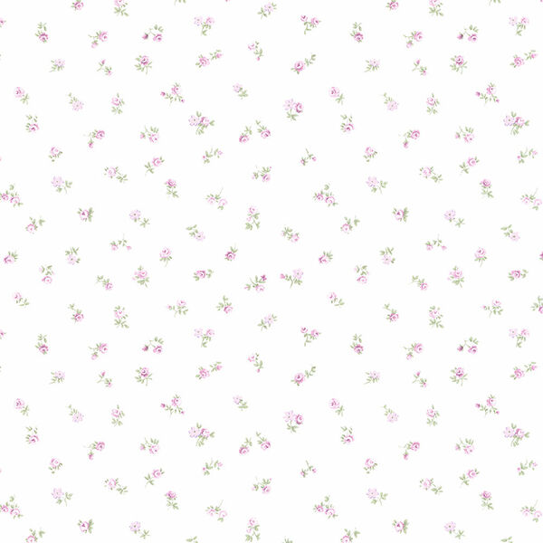 Shabby Rose Buds Pink, Green and Light Purple Wallpaper, image 1