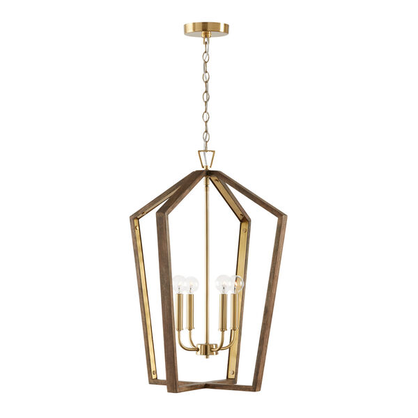 Maren Nordic Wood and Matte Brass Four-Light Pendant Made with Handcrafted Mango Wood, image 1
