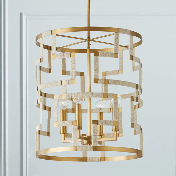 Hala Bleached Natural Jute and Patinaed Brass Four-Light Greek Key Pattern Artisan Crafted Foyer, image 2