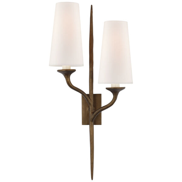 Iberia Double Left Sconce in Antique Bronze Leaf with Linen Shades by Julie Neill, image 1