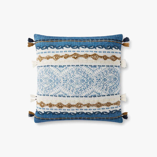 Blue and Natural Handcrafted Accent Pillow with Tassels, image 1