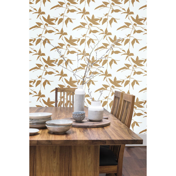 Ronald Redding Tea Garden Gold and White Persimmon Leaf Wallpaper, image 1