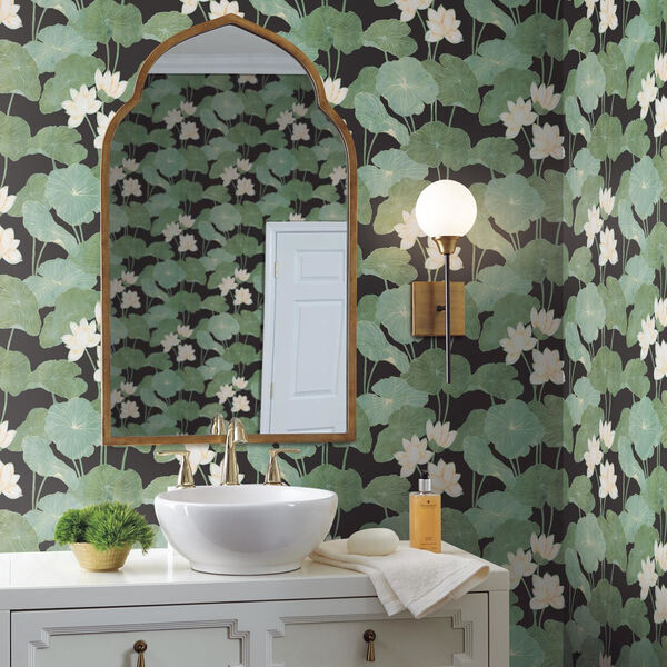 Lily Pad Black And Green Peel And Stick Wallpaper – SAMPLE SWATCH ONLY, image 2