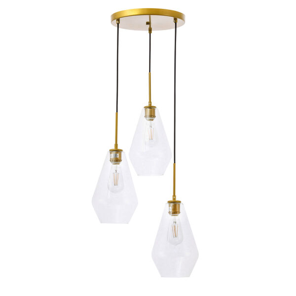 Gene Brass Three-Light Pendant with Clear Glass, image 3
