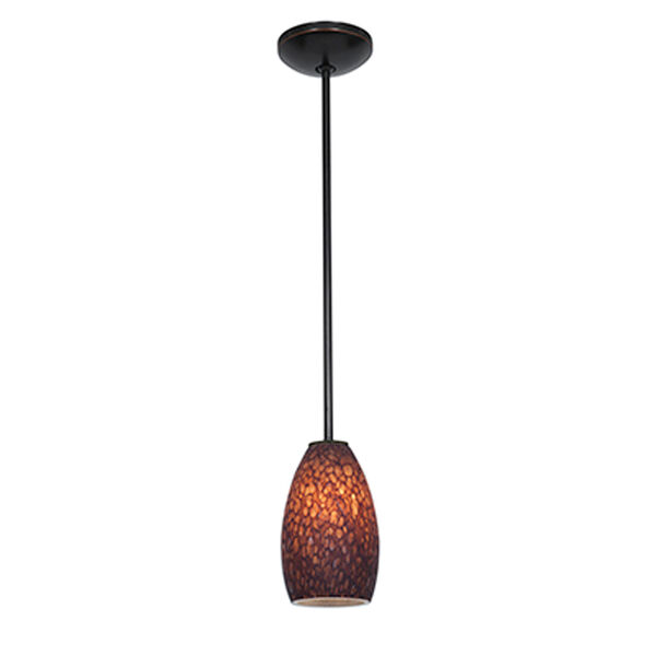 Champagne Oil Rubbed Bronze LED Rod Mini Pendant with Brown Stone Glass Shade, image 1