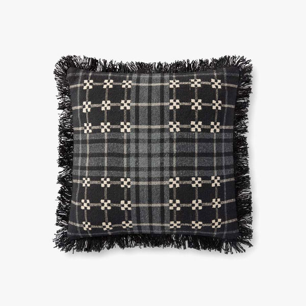 Black and Gray Embroidered Fringed Plaid Pillow, image 1