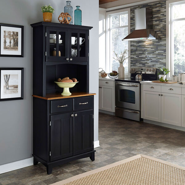 Black Buffet with Two Door Hutch and Cottage Oak Wood Top, image 2