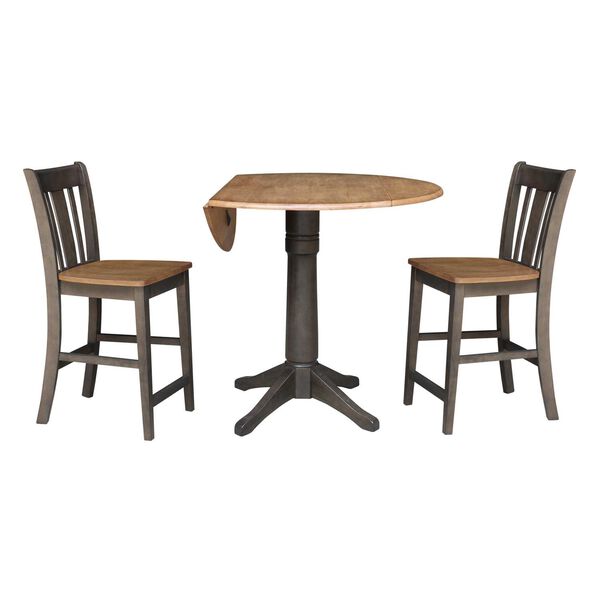 Hickory Washed Coal Round Dual Drop Leaf Counter Height Dining Table with Two Splatback Stools, image 4