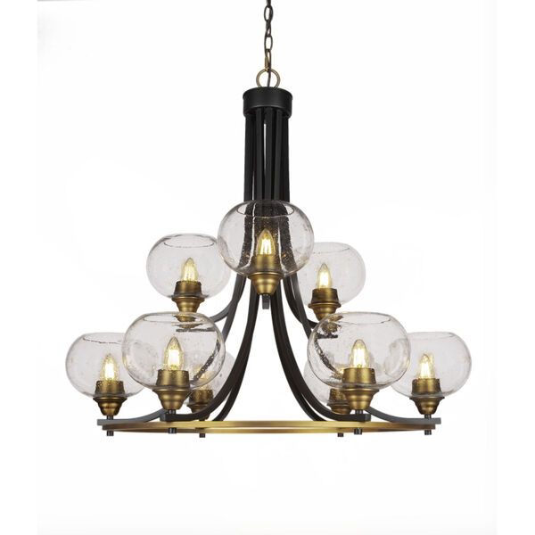 Paramount Matte Black and Brass 28-Inch Nine-Light Chandelier with Clear Bubble Glass Shade, image 1