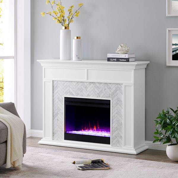 Torlington White Color Changing Marble-Tiled Electric Fireplace, image 3