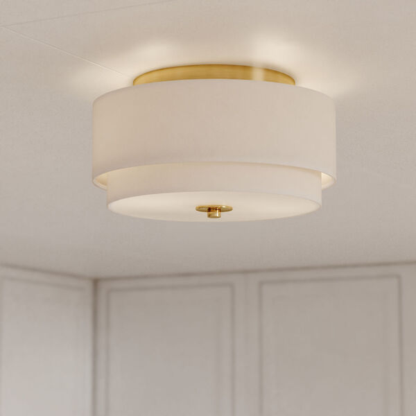 Burnaby Matte Brass 13-Inch Two-Light Flush Mount with White Fabric Drum Shade, image 2