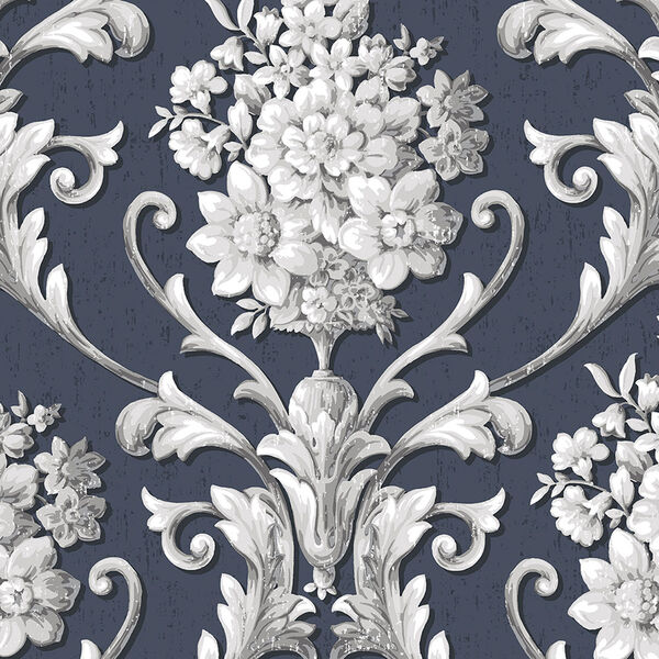 Floral Damask Navy and Metallic Silver Wallpaper, image 1