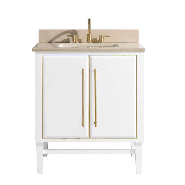White 31-Inch Bath vanity Set with Gold Trim and Crema Marfil Marble Top, image 1