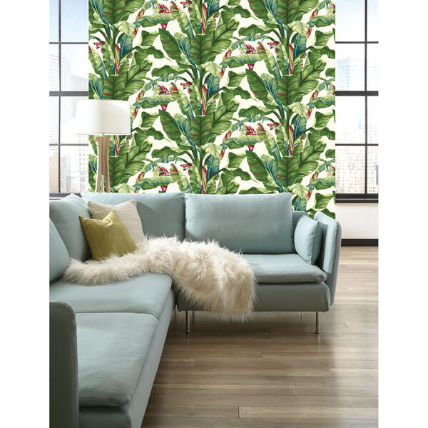 Ashford House Tropics White and Teal Green Banana Leaf Wallpaper, image 4