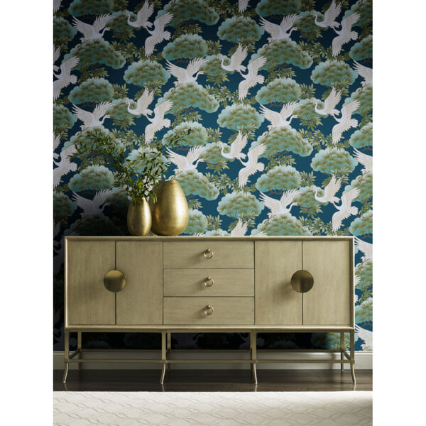 Ronald Redding Tea Garden Blue Sprig and Heron Wallpaper, image 1