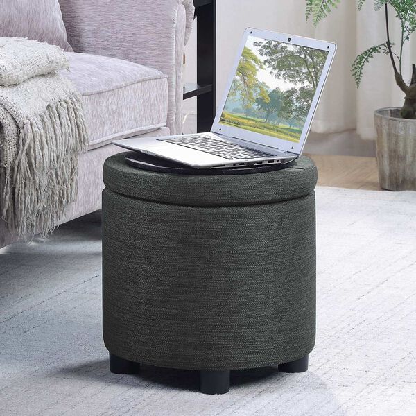 Gray Round Accent Storage Ottoman with Reversible Tray Lid, image 2