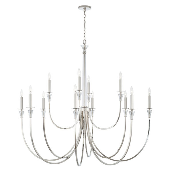 Laurent Polished Nickel 12-Light Chandelier with Crystal Column and Bobeches, image 3