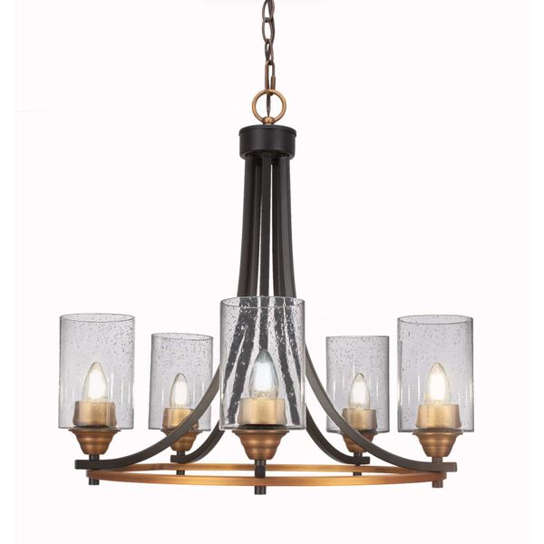 Paramount Matte Black and Brass Five-Light Chandelier with Four-Inch Clear Bubble Glass, image 1