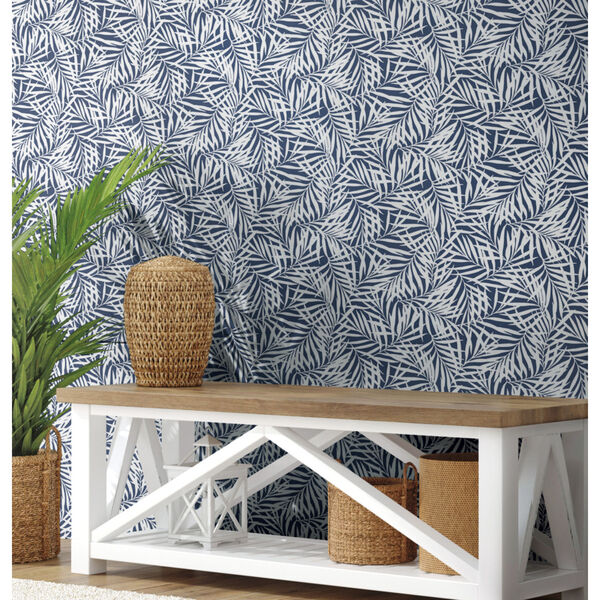 Waters Edge Navy White Oahu Fronds Pre Pasted Wallpaper, image 3