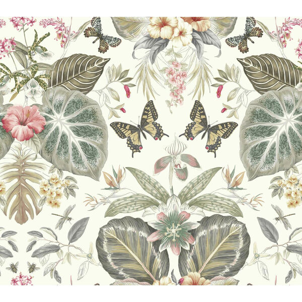 Outdoors In Tropical Butterflies Neutral and Red Wallpaper - SAMPLE SWATCH ONLY, image 1