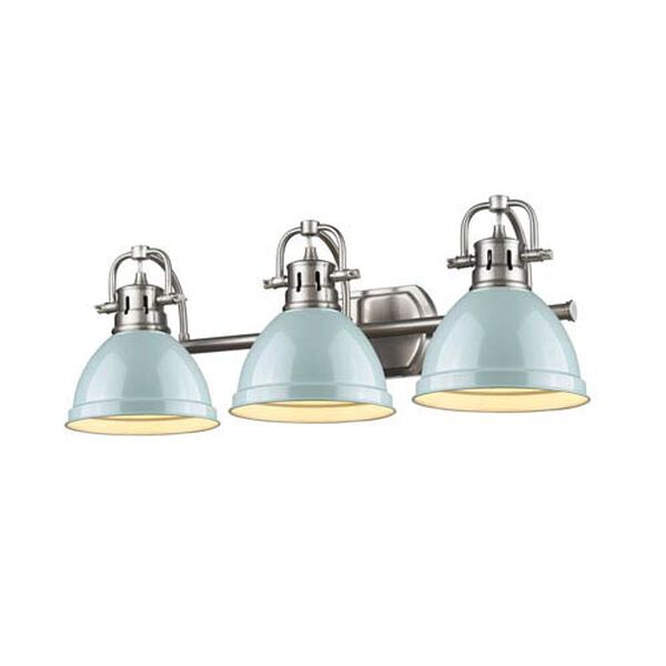 Duncan Pewter Three-Light Vanity Fixture with Seafoam Shade, image 1