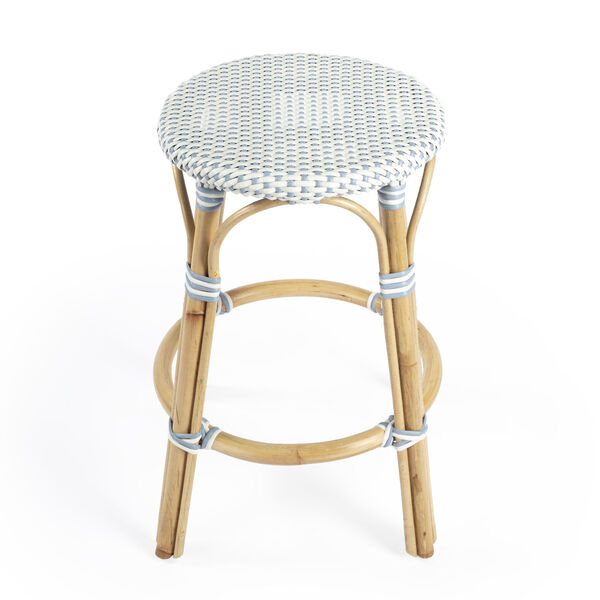 Tobias White and Sky Blue Dot on Natural Rattan Counter Stool, image 2