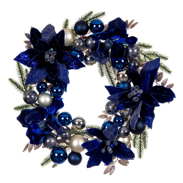 Midnight Blue 22-Inch Artificial Magnolia and Poinsettia Leaf Wreath, image 1