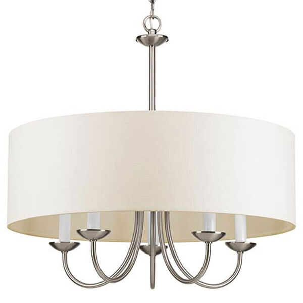 Evelyn Brushed Nickel Five-Light Chandelier with Off White Linen Fabric Shade, image 1