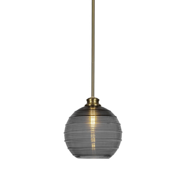 Malena New Age Brass 10-Inch One-Light Stem Hung Pendant with Smoke Ribbed Glass Shade, image 1