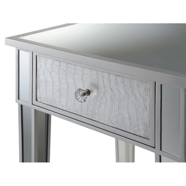 Gold Coast Silver Faux Croc Mirrored End Table with Drawer, image 4