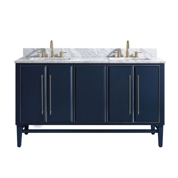 Navy Blue 61-Inch Bath vanity Set with Silver Trim and Carrara White Marble Top, image 1