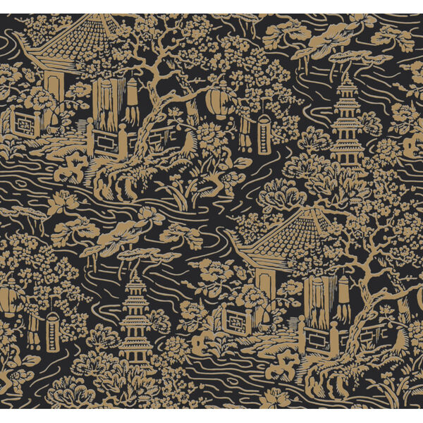 Ronald Redding Tea Garden Black and Gold Chinoiserie Wallpaper, image 2